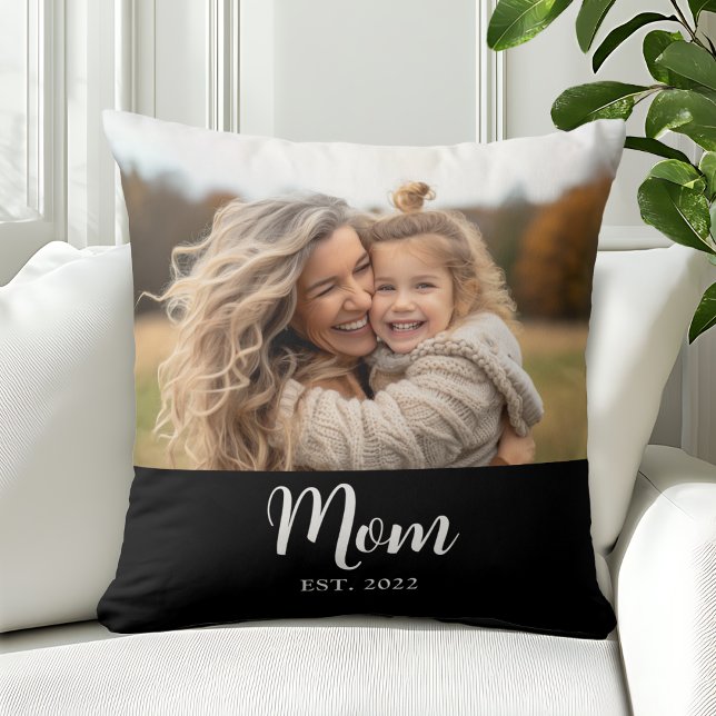 Cojín Decorativo Mom Established Modern Script Photo Black (Mom established with customizable photo and editable text )