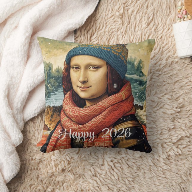 Cojín Decorativo Mona Lisa con gorro - Feliz 2026 (Manta)
