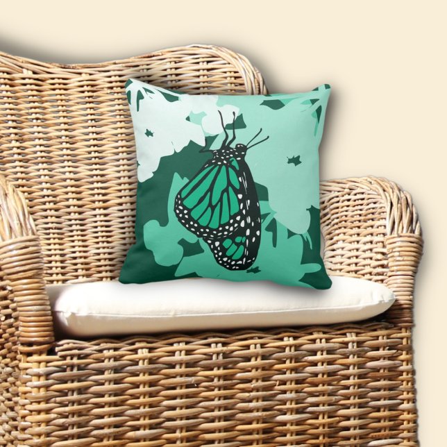 Cojín Decorativo Monarca Mariposa Inscripción Animal Verde (Monarch Butterfly Insect Animal Green Throw Pillow)