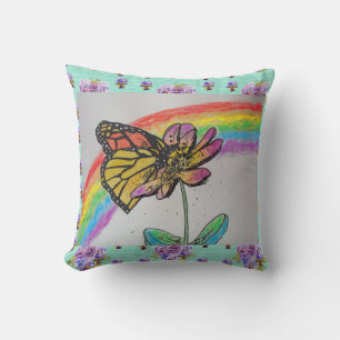 Cojín Decorativo Monarca Mariposa Pintura Arcoiris Aqua Cushion