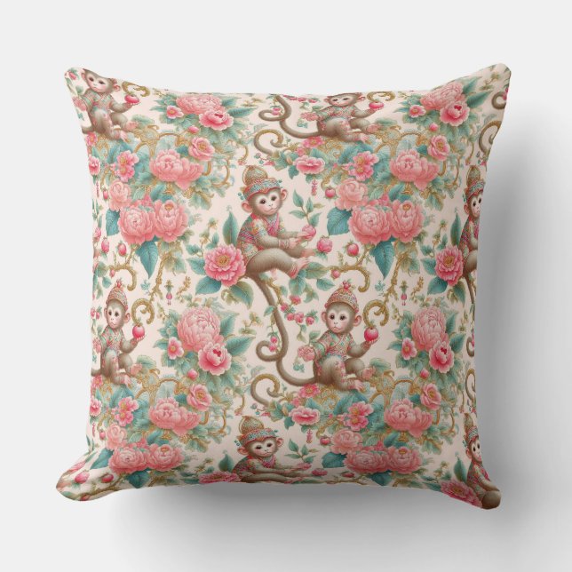 Cojín Decorativo Mono de Chinoiserie rosa (Anverso)