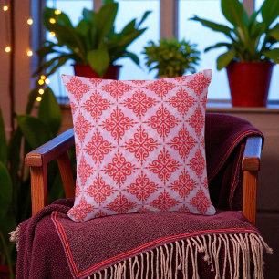 Cojín Decorativo Mono Patrón Damask Rojo y Rosa Lindo