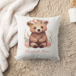 Cojín Decorativo Monogram Baby Bear Niñas Flores Rosadas Guardería 