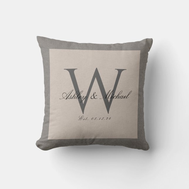 Cojín Decorativo MONOGRAM BODA SCRIPT | Linen Photo Keepsake (Anverso)