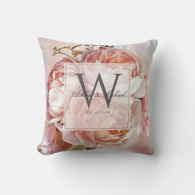 Cojín Decorativo MONOGRAM BODA SCRIPT | Rosa rosa peonies (Anverso)