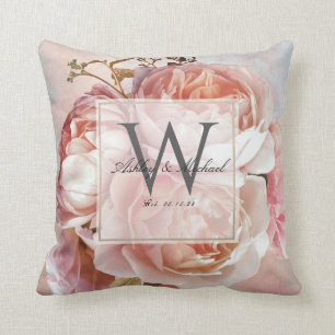 Cojín Decorativo MONOGRAM BODA SCRIPT Rosa rosa peonies