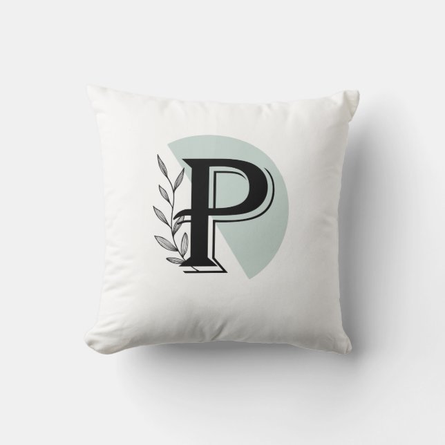 Cojín Decorativo  Monogram Botanical Leaf P letter Throw Pillow  (Anverso)