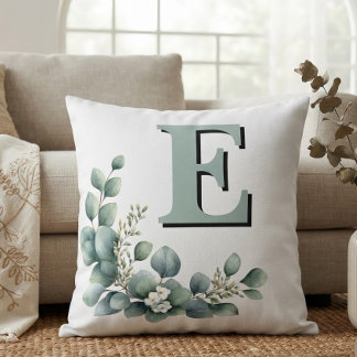 Cojín Decorativo Monogram Initial Sage Green Eucalyptus Botanical