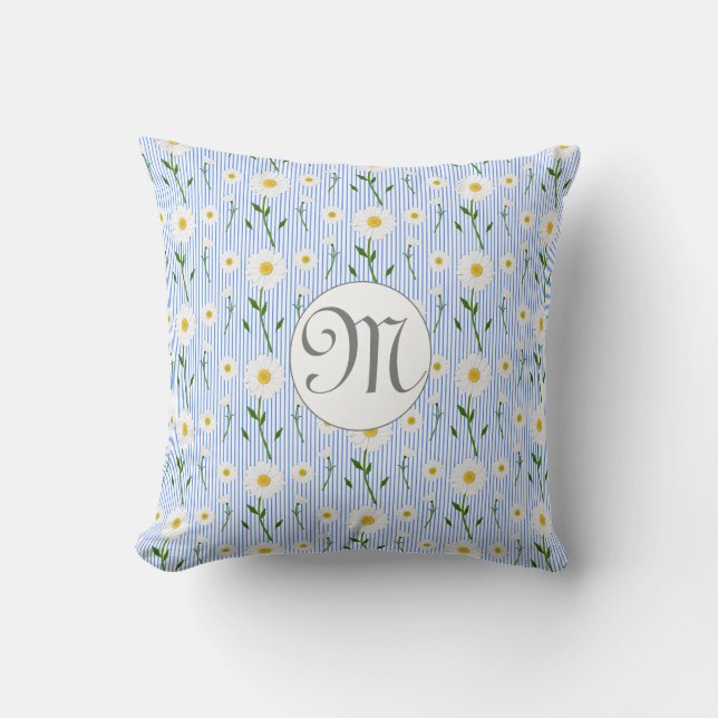 Cojín Decorativo Monogram Summer Daisy Floral Pattern Blue Stripe (Anverso)