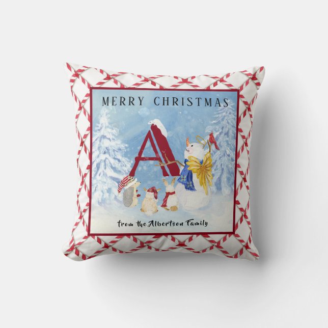 Cojín Decorativo Monograma A Feliz Navidad Angel Snowman (Anverso)