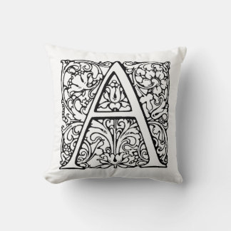 Cojín Decorativo Monograma A Patrón Floral Blanco y Negro Inicial