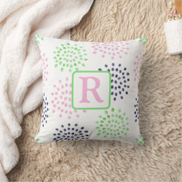 Cojín Decorativo Monograma acuarela con flores rosadas, verdes y az