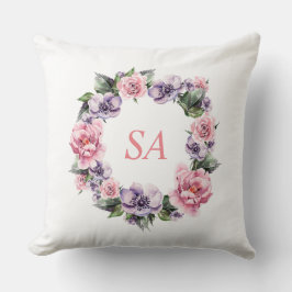 Cojín Decorativo Monograma Acuarela Corona Floral Rosa Púrpura
