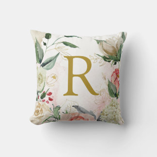 Cojín Decorativo Monograma acuarela floral personalizada