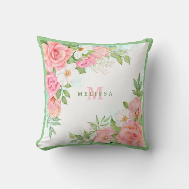 Cojín Decorativo Monograma Acuarela Floral Vegetación Rosa (Anverso)