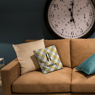 Cojín Decorativo Monograma acuarela ginebra amarillo patrón gris