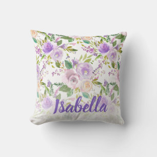 Cojín Decorativo Monograma acuarela primaveral floral púrpura y bla