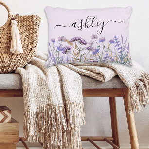 Cojín Decorativo Monograma Acuarela Púrpura Flor Silvestre Meadow