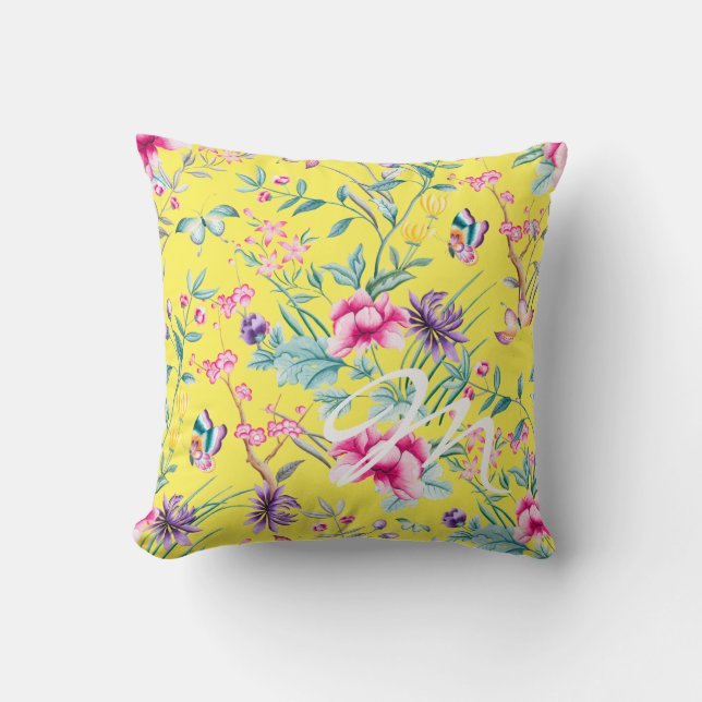 Cojín Decorativo Monograma amarillo floral y mariposa (Anverso)