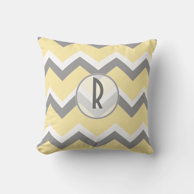 Cojín Decorativo Monograma amarillo y gris de Chevron (Anverso)