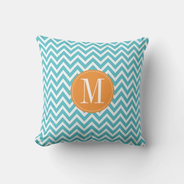 Cojín Decorativo Monograma anaranjado y azul del personalizado de (Anverso)
