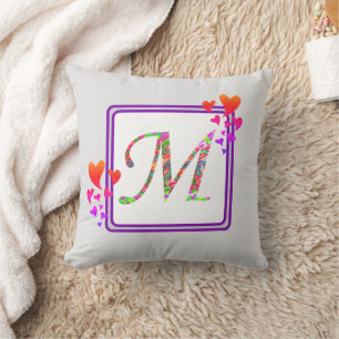Cojín Decorativo Monograma Apellido Púrpura Corazón Colorido Inicia