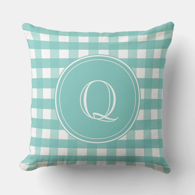 Cojín Decorativo Monograma Aqua Green y White Gingham (Anverso)