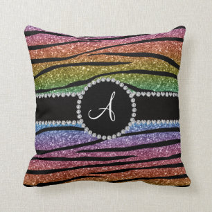 Cojín Decorativo Monograma arco iris purpurina rayas cebra circulo