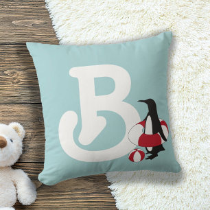 Cojín Decorativo Monograma Azul Claro Pingüino Lindo Dibujo Animado
