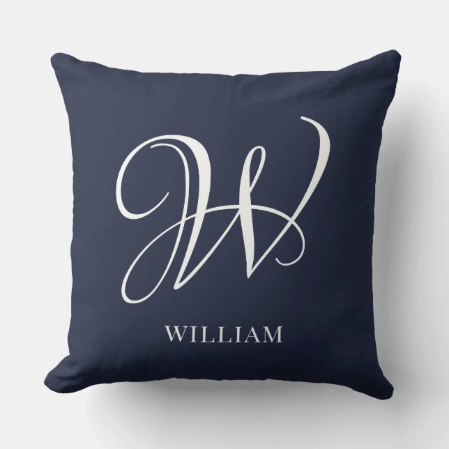 Cojín Decorativo Monograma azul de la marina elegante personalizada (Anverso)