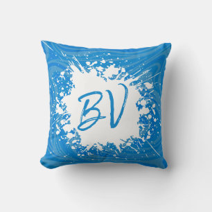 Cojín Decorativo Monograma Azul de Salpicadura de Acuarela de Moda