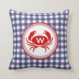 Cojín Decorativo Monograma azul Gingham y cangrejo Pillow