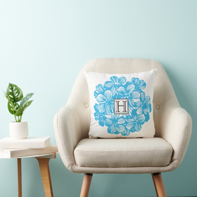 Cojín Decorativo Monograma Azul Hidrángea Flores (Silla)