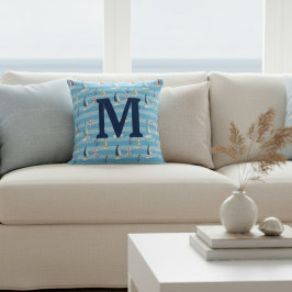 Cojín Decorativo Monograma Azul Náutico Velero y Ancla