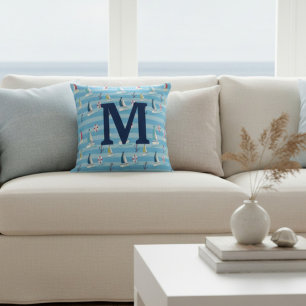 Cojín Decorativo Monograma Azul Náutico Velero y Ancla