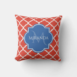 Cojín Decorativo Monograma azul trendy y quatrefoil rojo