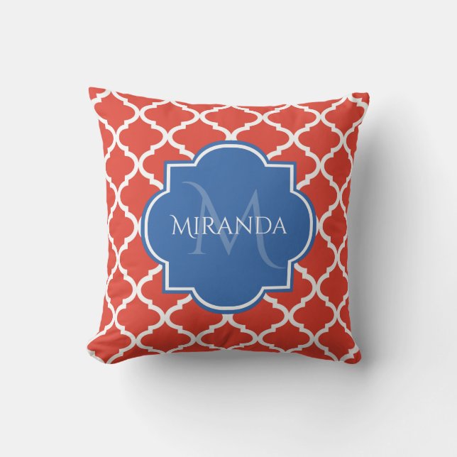 Cojín Decorativo Monograma azul trendy y quatrefoil rojo (Anverso)