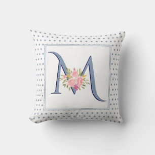Cojín Decorativo Monograma azul turbio, rosas y puntos de polka