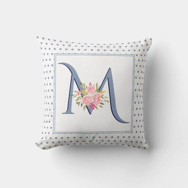 Cojín Decorativo Monograma azul turbio, rosas y puntos de polka (Anverso)