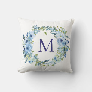 Cojín Decorativo Monograma Azul Verde Floral Botánico Acuarela 