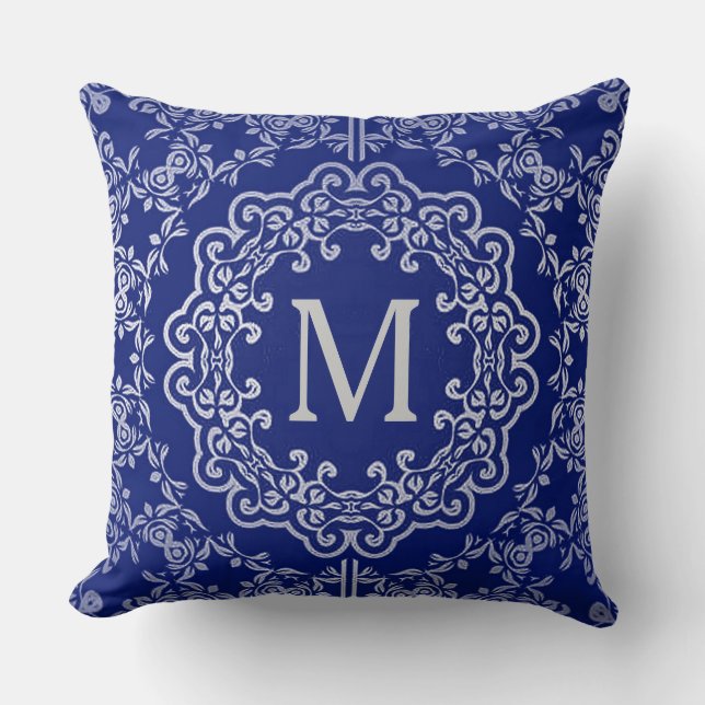 Cojín decorativo Monograma azul y plateado filigrí (Anverso)