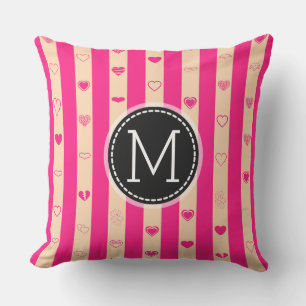 Cojín Decorativo Monograma Bandas rosadas calientes Patrón cardíaco