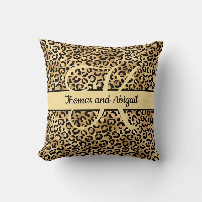 Cojín Decorativo Monograma Black Gold Leopard Imprimir animal Cheet (Anverso)