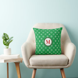 Cojín Decorativo Monograma blanco copos de nieve fondo verde
