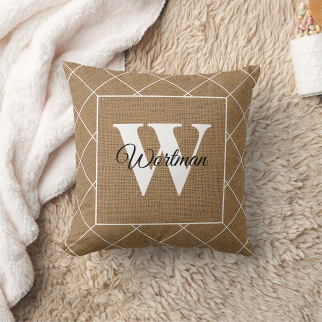 Cojín Decorativo Monograma blanco de imitación burlap de estilo rús (Manta)
