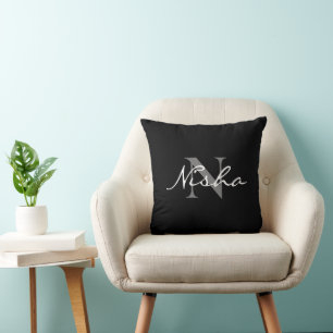 Cojín Decorativo Monograma Blanco Gris Nombre Negro