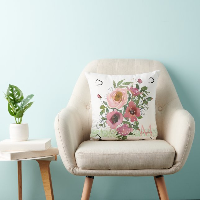 Cojín Decorativo Monograma blanco rosado Floral (Silla)