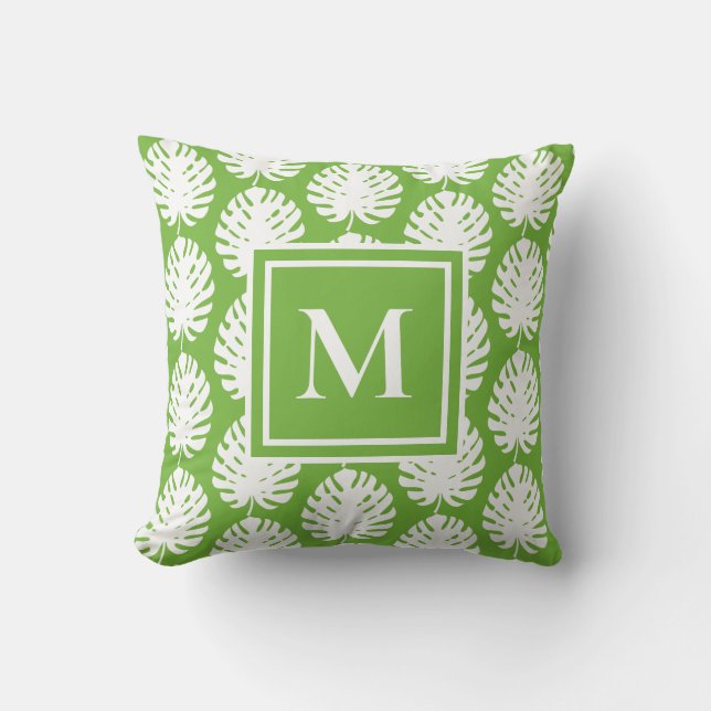 Cojín Decorativo Monograma blanco verde hoja Monstruo Costa moderna (Anverso)