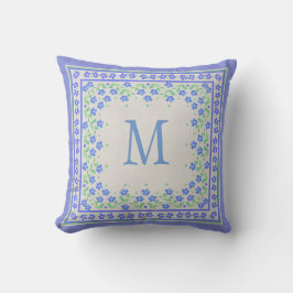 Cojín Decorativo Monograma Blue Periwinkles Floral Border Faux Line