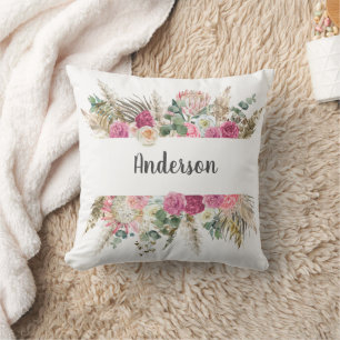 Cojín Decorativo Monograma Boho Rosa Floral Hierba de Pampas Botáni